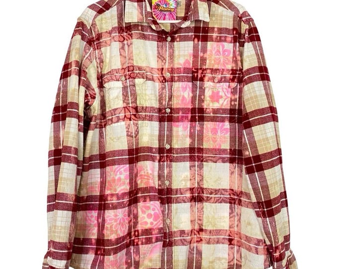 Handmade Floral Flannel Shirt Unisex XL Bleached Plaid Button Down Upcycled Boho Free Shipping