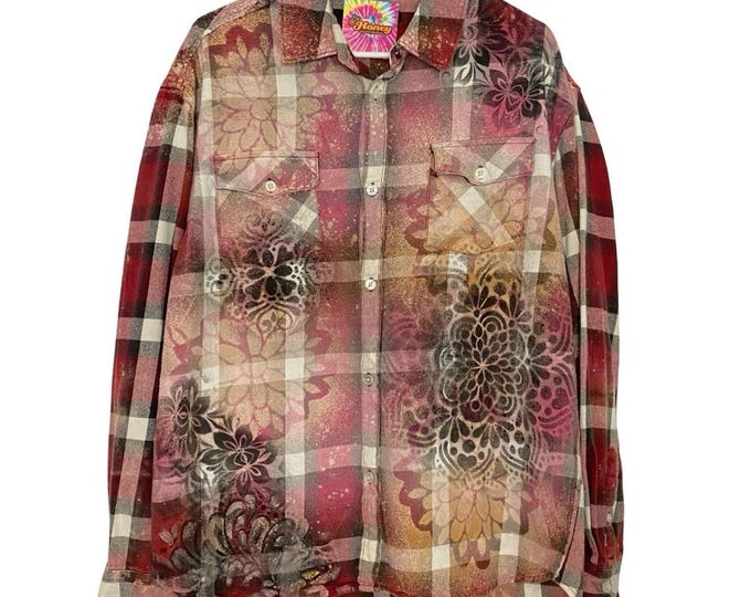 Boho Flannel Shirt Mens Size Large Unisex Mandala Floral Stencil Plaid Upcycled