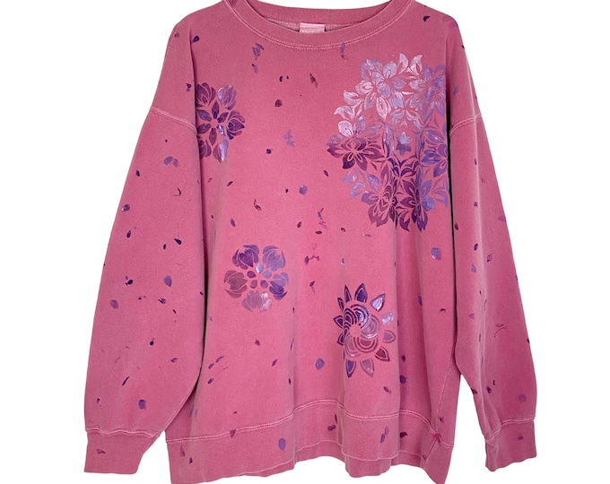 Vintage 90s Oversized Sweatshirt Pullover Womens Large XL Hand Painted Pink Crewneck Upcycled One of a Kind Free Shipping