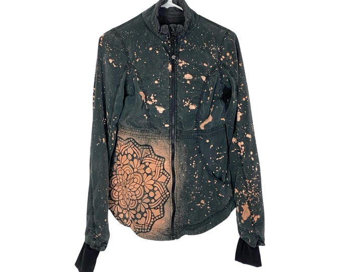 Upcycled Reversible Jacket Womens Size 4 Small Gray Handmade Neutral Floral Mandala Yoga One Of A Kind Thumbholes Wearable Art Free Shipping
