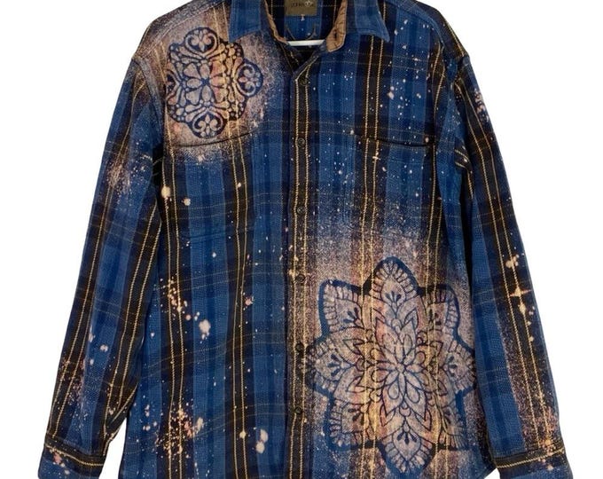 Upcycled Flannel Shirt Mens Size Large Unisex Splatter Bleached Floral Shacket Free Shipping