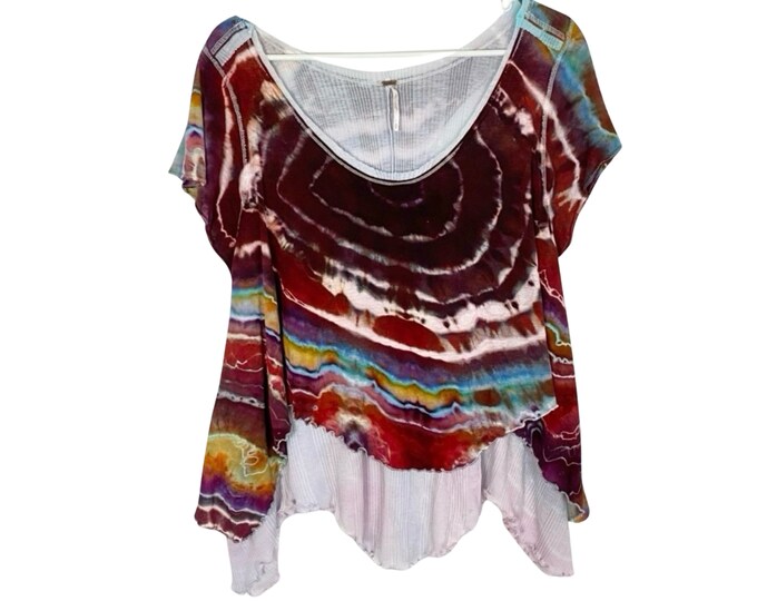 FP Free People Tunic Womens Small Free Shipping Style Cookie Tee Oversized Layered Geode Tie Dye Shirt Rainbow Multi Color Rare Unique Top