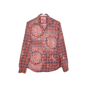 Handmade Boho Flannel Shirt Stencil Bleached Plaid Womens Small Pink Floral Daisy Bohemian Shirt Free Shipping