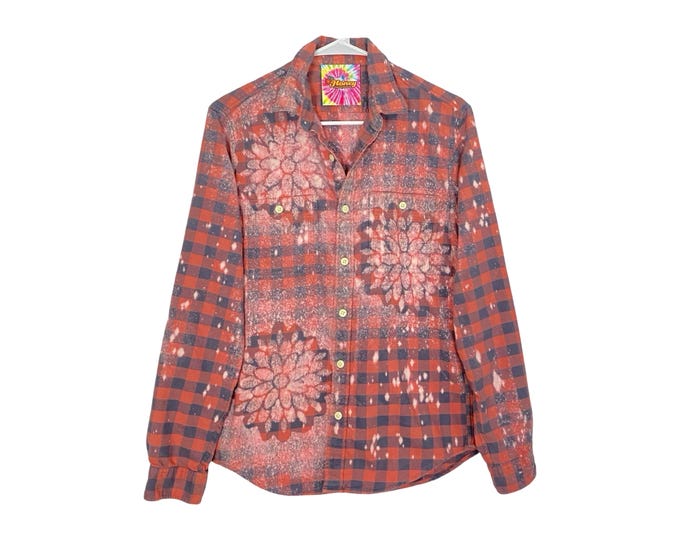 Handmade Boho Flannel Shirt Stencil Bleached Plaid Womens Small Pink Floral Daisy Bohemian Shirt Free Shipping