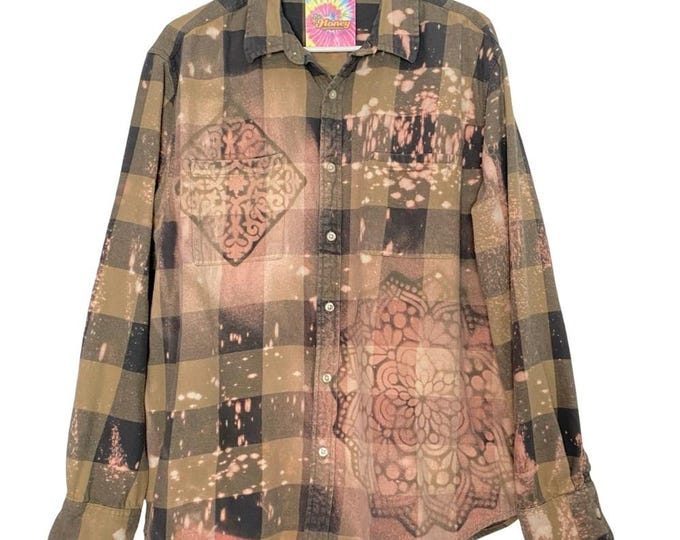Upcycled  Floral Flannel Shirt Mens Size XL Unisex Bleached Plaid Button Down