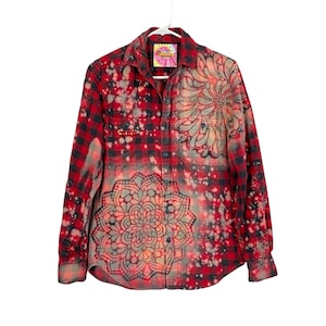 Handmade Floral Flannel Shirt Womens XS Bleached Plaid Button Down Red Upcycled Mandala Stencil Pocket Cotton Free Shipping