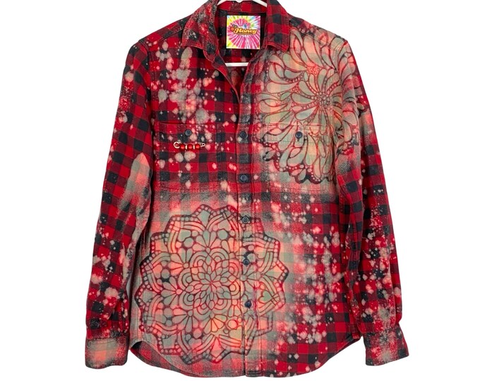 Handmade Floral Flannel Shirt Womens XS Bleached Plaid Button Down Red Upcycled Mandala Stencil Pocket Cotton Free Shipping
