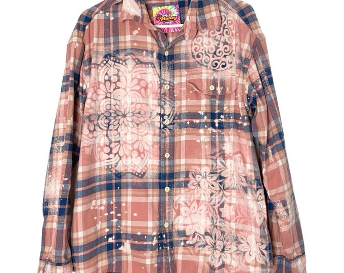 Handmade Pink Plaid Flannel Shirt Mens Size Medium Unisex Floral Upcycled Cotton