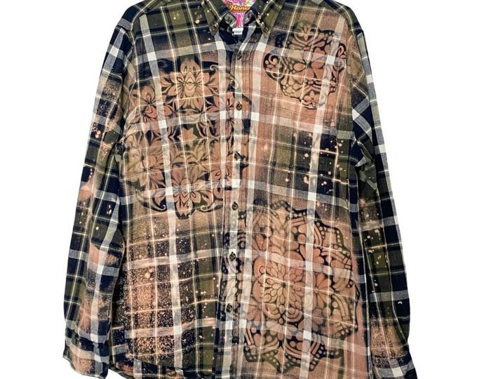 Handmade Floral Flannel Shirt Mens Size Medium Unisex Bleached Plaid Button Down