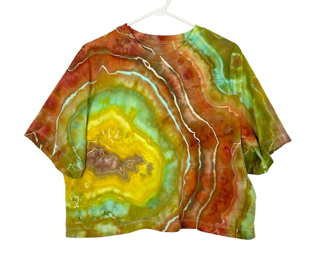 Handmade Geode Tie Dye Crop Tee Womens Size XL Oversized Upcycled Cropped Yellow Free Shipping