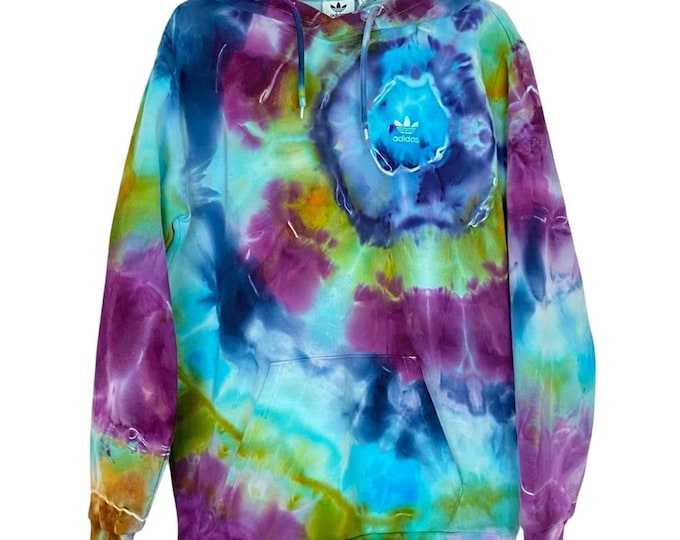 Upcycled Tie Dye Hoodie Sweatshirt Mens Size Medium Unisex Pullover Blue Pockets Free Shipping