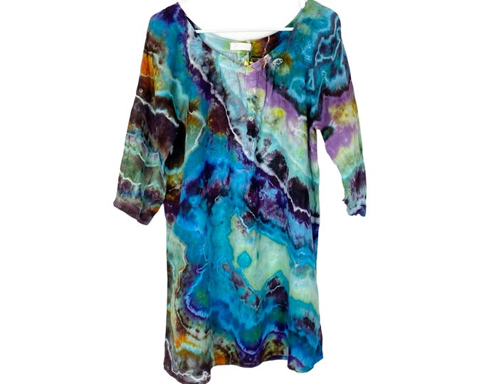 CP Shades Geode Tie Dye Linen Dress Women Small Blue Henley Lightweight Handmade Upcycled Blue Ocean One Of A Kind Free Shipping