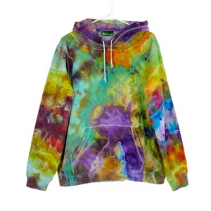 Handmade Ice Tie Dye Hoodie Sweatshirt Pullover Mens Size Large Unisex Upcycled Front Pocket Green Rainbow Colorful Multi Free Shipping