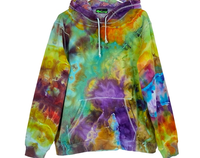 Handmade Ice Tie Dye Hoodie Sweatshirt Pullover Mens Size Large Unisex Upcycled Front Pocket Green Rainbow Colorful Multi Free Shipping