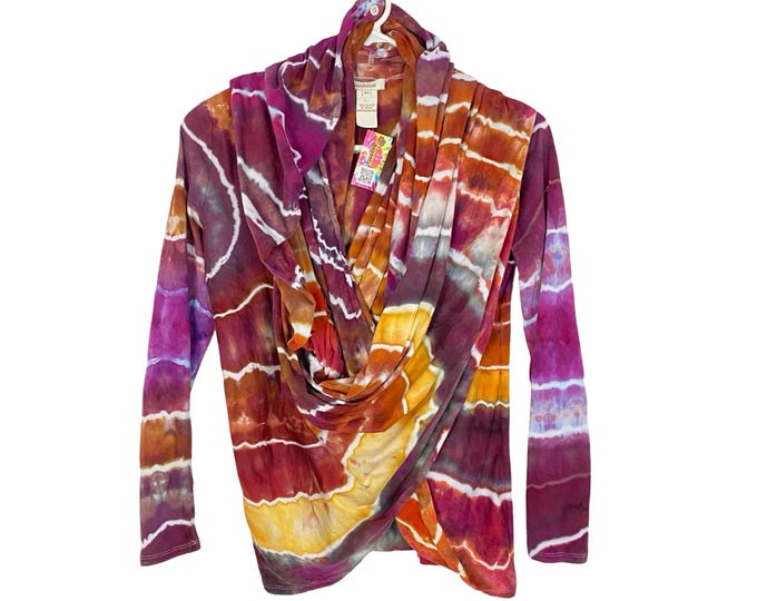Geode Tie Dye Wrap Top Cardigan Womens XS Small Cotton Long Sleeve Magenta Orange Free Shipping