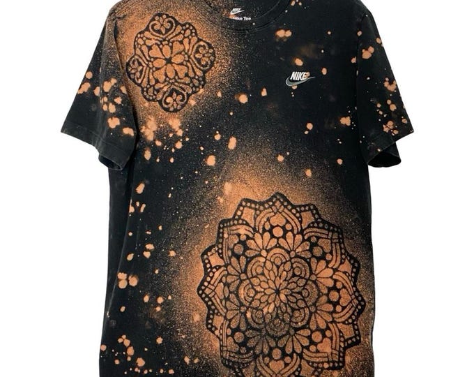 Upcycled Tee Tshirt Mens Size Medium Black Floral Mandala Unisex Crewneck Athletic Free Shipping
