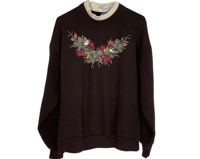 Vintage 90s Nerdy Bird Lady Pullover Sweatshirt Size Large Granny Core Brown Free Shipping