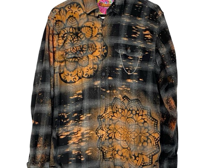 Boho Flannel Shirt Womens Size Medium Unisex Handmade Mandala Floral Stencil Plaid Black Farmhouse One Of A Kind Wearable Art Free Shipping