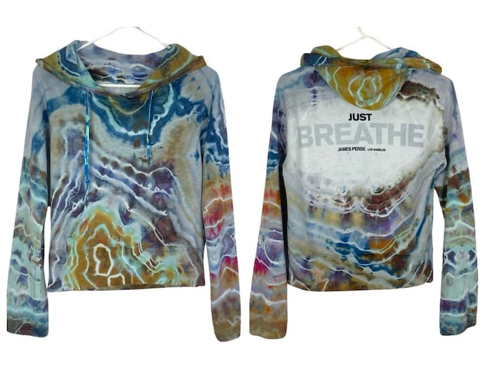 Geode Tie Dye Hoodie Sweatshirt Pullover Womens Small XS 1 Grey Blue Pocket Free Shipping Handmade Upcycled Athleisure Aletic Hooded Crop