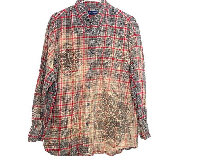Boho Flannel Shirt Mens Size Large Unisex Floral Stencil Bleached Plaid Handmade