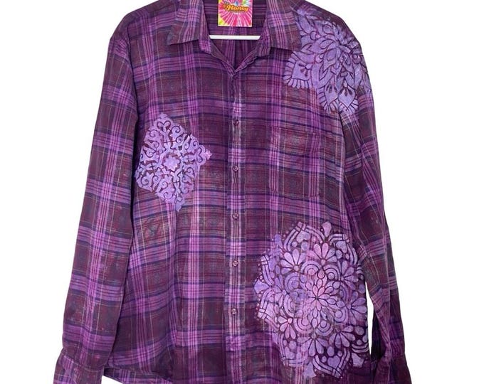 Handmade Floral Flannel Shirt Mens Size XL Purple Plaid Button Down Upcycled