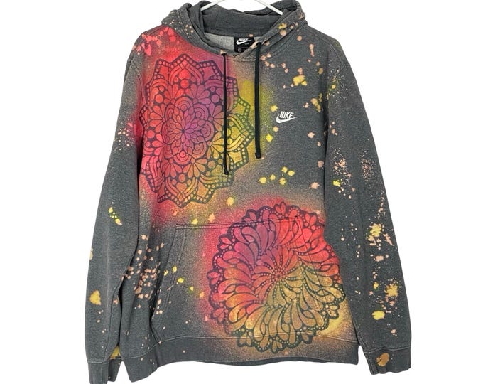 Upcycled Hoodie Sweatshirt Mens Size XL Unisex Pullover Floral Mandala Stencil Neon Pink Yellow Grey Front Pocket Wearable Art Free Shipping