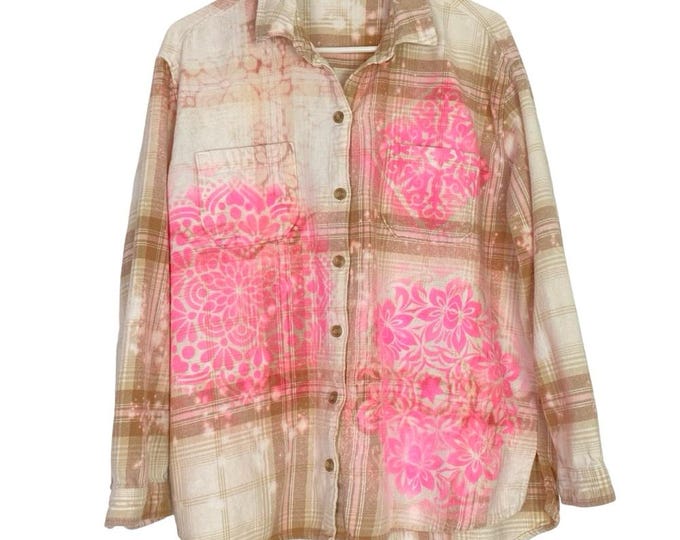 Handmade Floral Flannel Shirt Women Size Medium Large Bleached Plaid Button Down