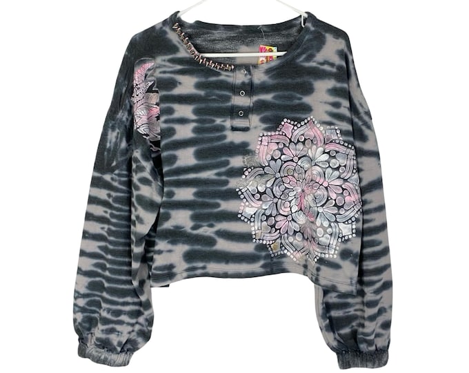 Handmade Floral Mandala Tie Dye Sweatshirt Womens Large Cropped Pullover Black Free Shipping