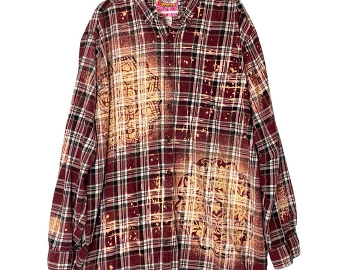 Upcycled Floral Flannel Shirt Mens Size 3XL Tall Handmade Bleached Plaid Button Down