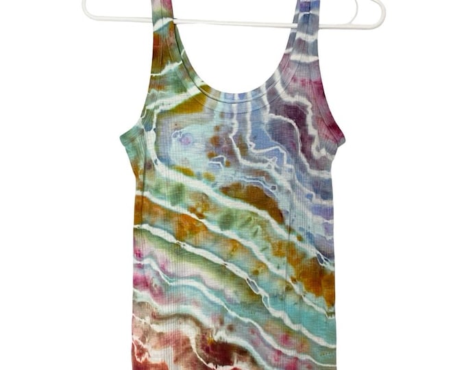 Upcycled Tie Dye Ribbed Tank Top Womens Size Small Multi Handmade Geode Purple