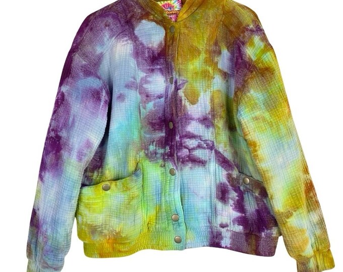 Upcycled Tie Dye Bomber Jacket Womens Size Medium Cotton Puffer Pockets Blue Tan Pink Multi