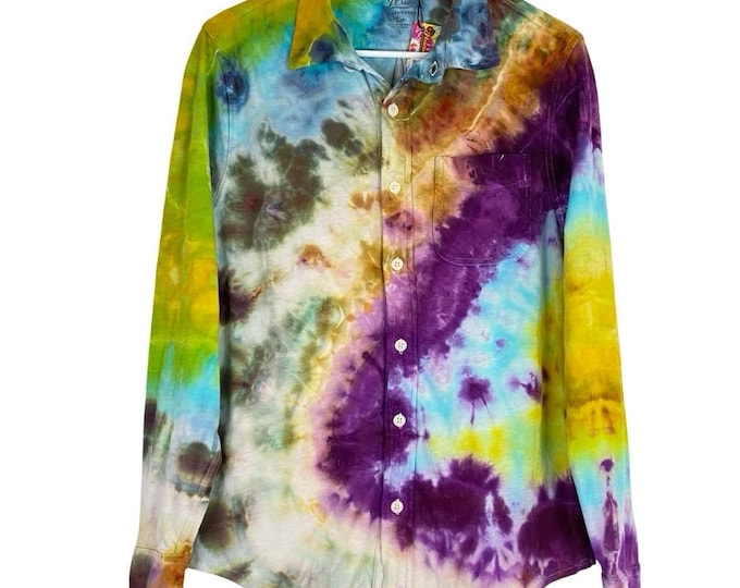 Handmade Tie Dye Button Down Shirt Mens Size Small Soft Cotton Knit Long Sleeves