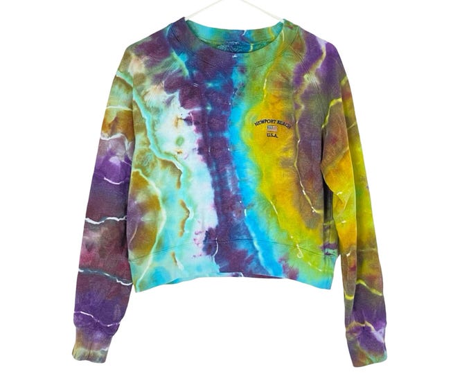 Handmade Geode Tie Dye Sweatshirt Pullover Womens Size Small Upcycled Crop Shirt Blue Colorful One Of A Kind Wearable Art Free Shipping