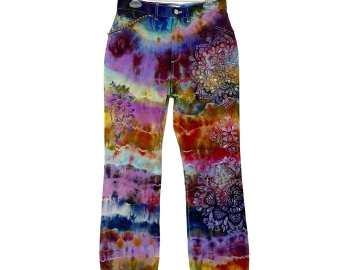 REDONE Corduroy Pants Womens Size 28 Small Tie Dye Hand Painted Redone Rainbow Colorful Upcycled Cords Floral Wearable Art Free Shipping