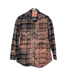 Handmade Boho Flannel Shirt Upcycled Mandala Stencil Bleach Plaid Womens Small Medium Free Shipping