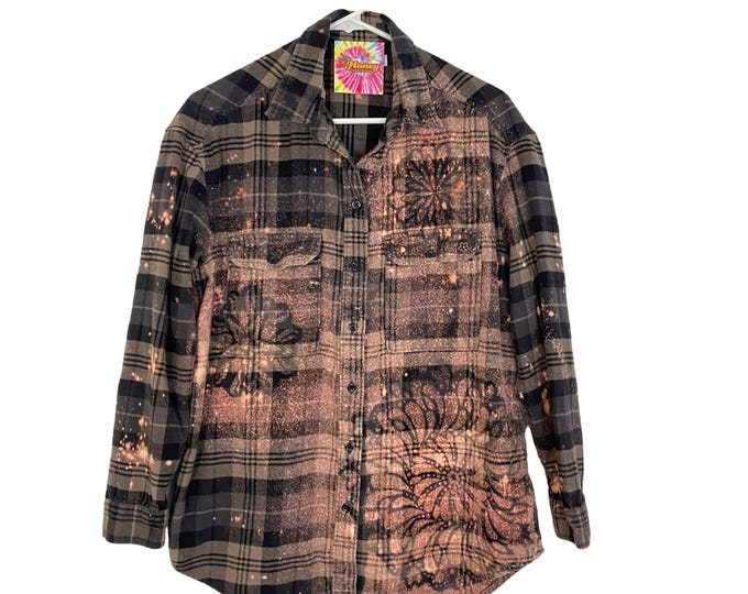Handmade Boho Flannel Shirt Upcycled Mandala Stencil Bleach Plaid Womens Small Medium Free Shipping