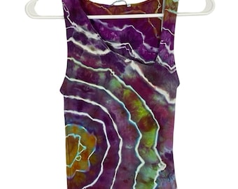 Handmade Geode Tie Dye Tank Top: Purple, White, Green Boho Chic Asymmetrical Neckline