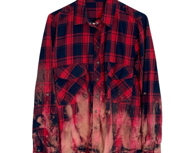 Upcycled Plaid Flannel Button Down Shirt Custom Bleached Ombre Cotton Long Sleeve Womens Medium Sustainable Free Shipping
