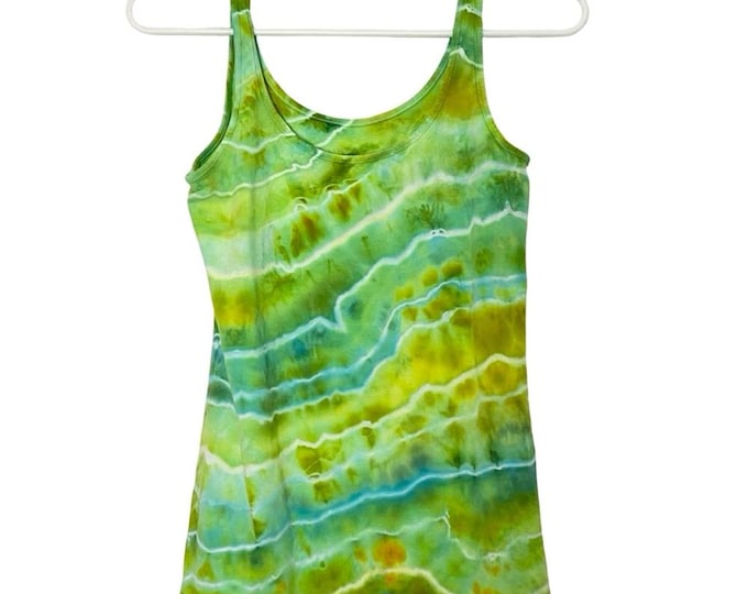 Upcycled Ice Tie Dye Tank Top Womens Size XS Handmade Geode Green Blue Cotton