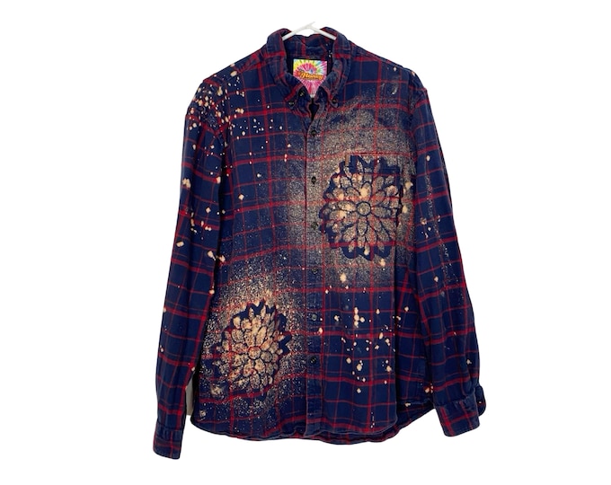 Handmade Boho Flannel Shirt Womens XL Stencil Bleached Plaid Floral Blue Red Daisy Floral Bohemian Top Free Shipping