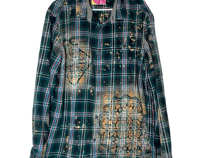 Handmade Floral Flannel Shirt Mens Size XXL Unisex Bleached Plaid Button Down