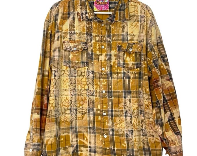Handmade Floral Flannel Shirt Men Size XL Unisex Gold Bleached Plaid Button Down