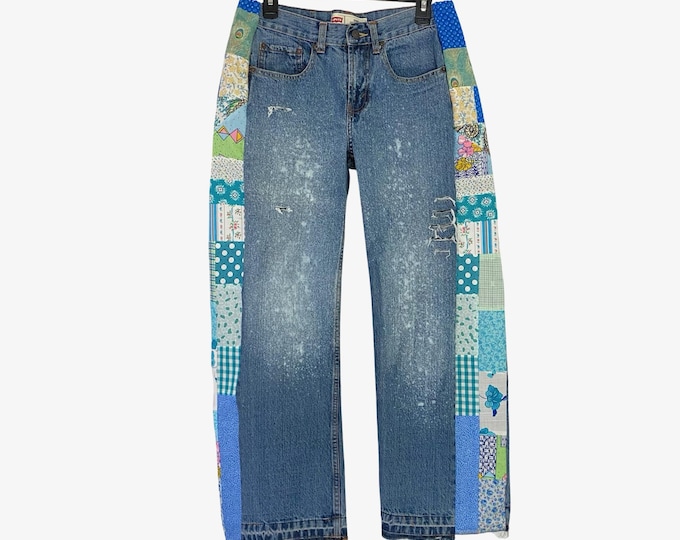 Levi’s 550 Custom Jeans Waist 29 30 Womens 8 10 Patchwork Blue Floral Levis Handmade Upcycled Patchwork Rare Free Shipping