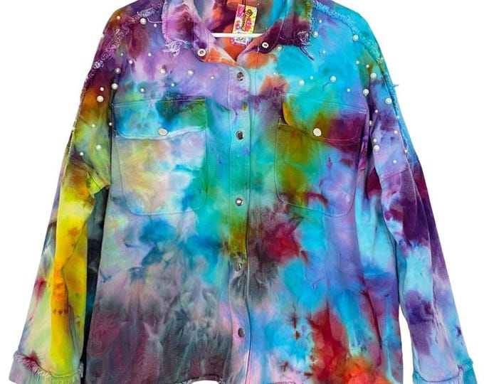 Handmade Tie Dye Jean Jacket Shacket Womens Size Large XL Upcycled Pearl Pockets