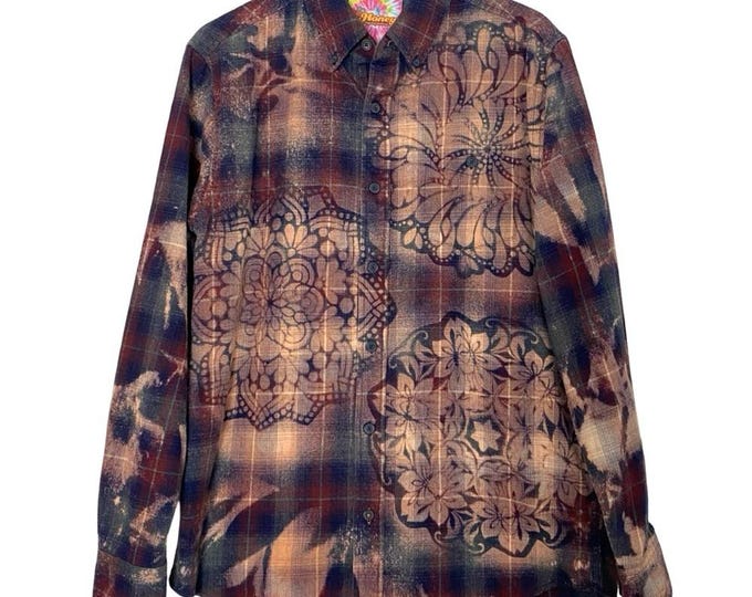 Handmade Floral Flannel Shirt Mens Size Medium Unisex Bleached Plaid Button Down