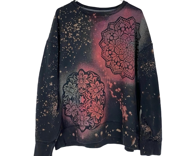 Handmade Sweatshirt Pullover Floral Mandala Stencil Womens Unisex Size XL Black Neon Flower One Of A Kind Upcycled Free Shipping