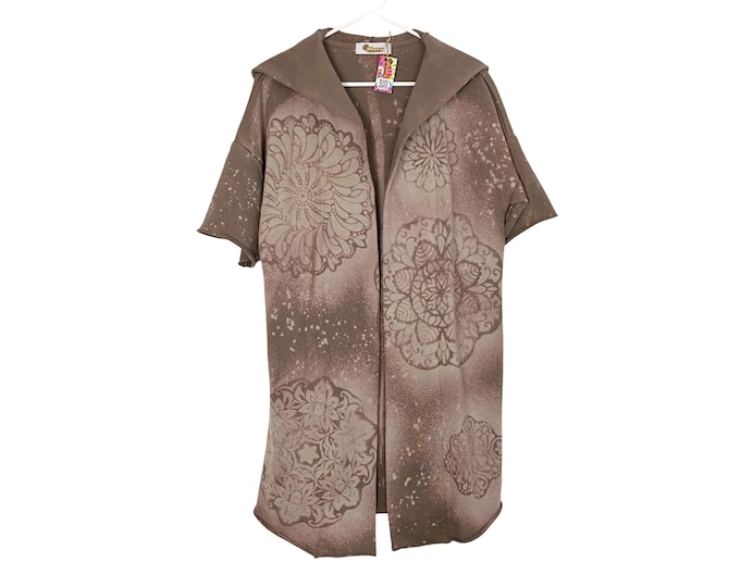 Handmade Sweatshirt Hoodie Cardigan Womens Small Medium Taupe Tan Floral Mandala