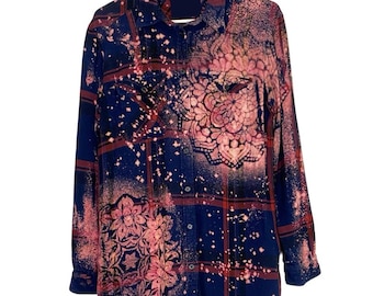 Handmade Floral Mandala Bleached Flannel Shirt - Upcycled Tunic, Size Small