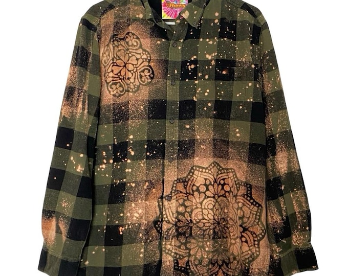 Handmade Floral Flannel Shirt Mens Size Large Unisex Bleached Button Down Green Black Buffalo Plaid Free Shipping