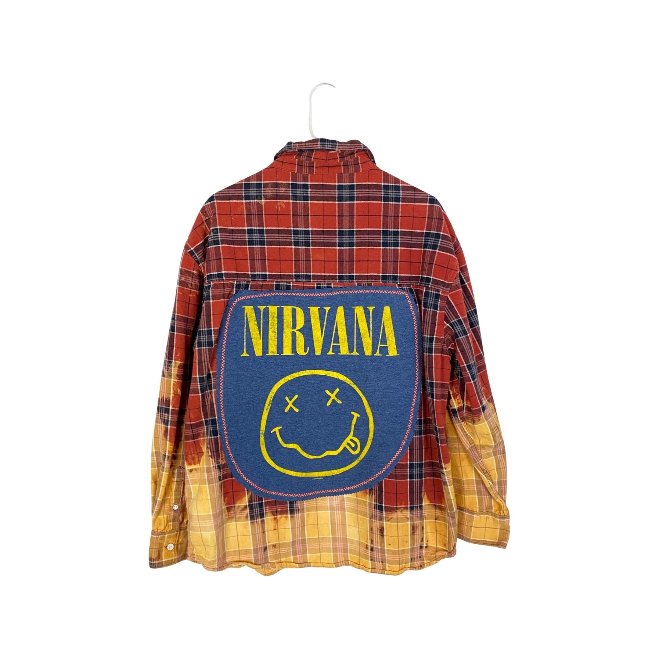 Nirvana Band Flannel Shirt Upcycled Bleached Plaid Button Down